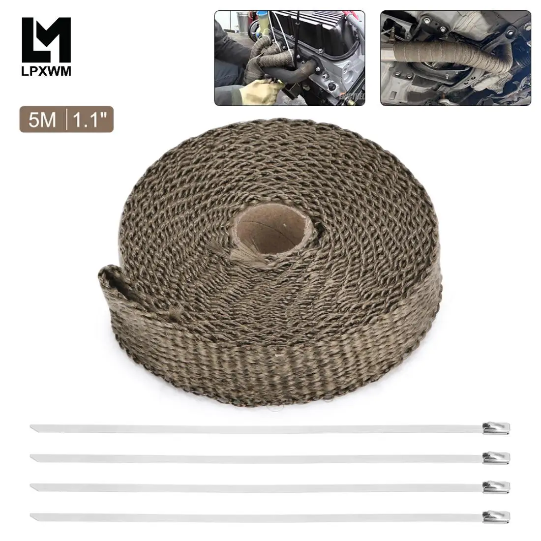 

1"/25MM 5M Titanium Exhaust Header Pipe Heat Wrap Tape With Locking Ties Thermal Protection Roll Shield Car Accessories