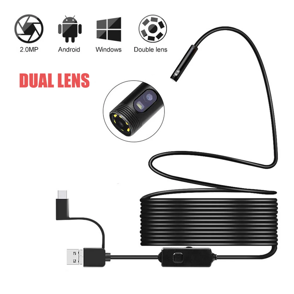 Промышленный эндоскоп 3 в 1 бороскоп с двумя объективами и HD кабелем 8 мм USB Type C для