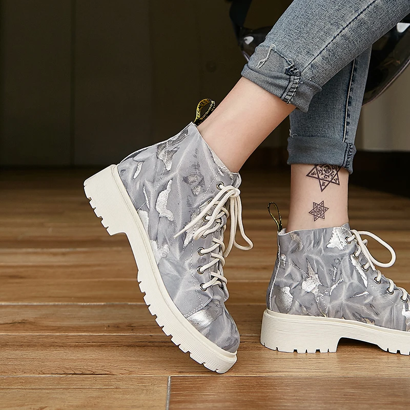 

Original Intention Fashion Printing Ankle Boots Woman Pink Gray Khaki Boots Cross-tied Mid Heels Round Toe Genuine Leather Shoes