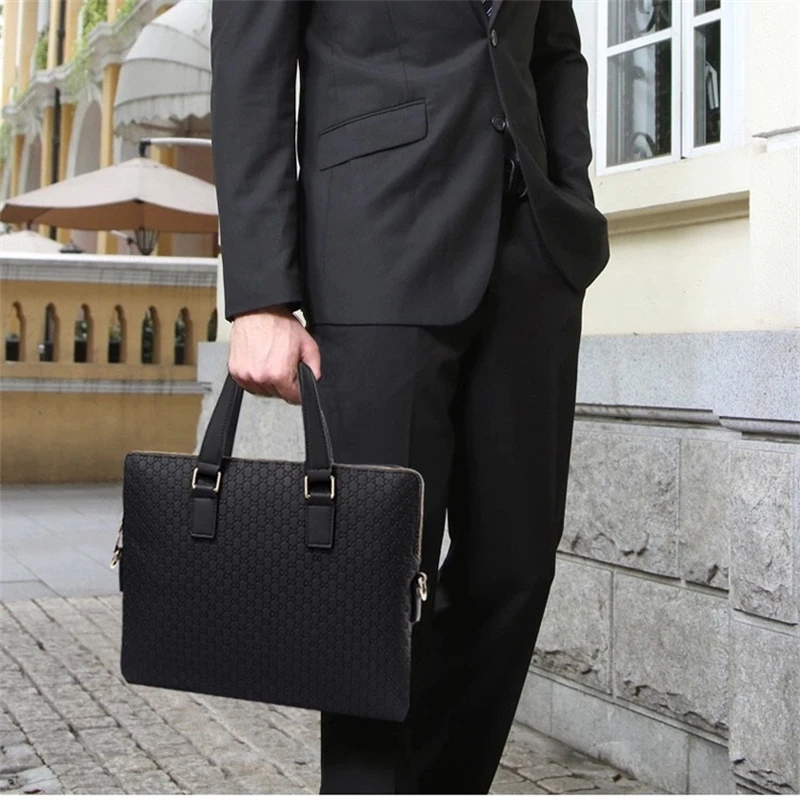 

Genuine Leather Men Handbag Business Briefcase Cross Section Shoulder Diagonal Blue/Black Leather Male 14" Laptop Messenger Bags