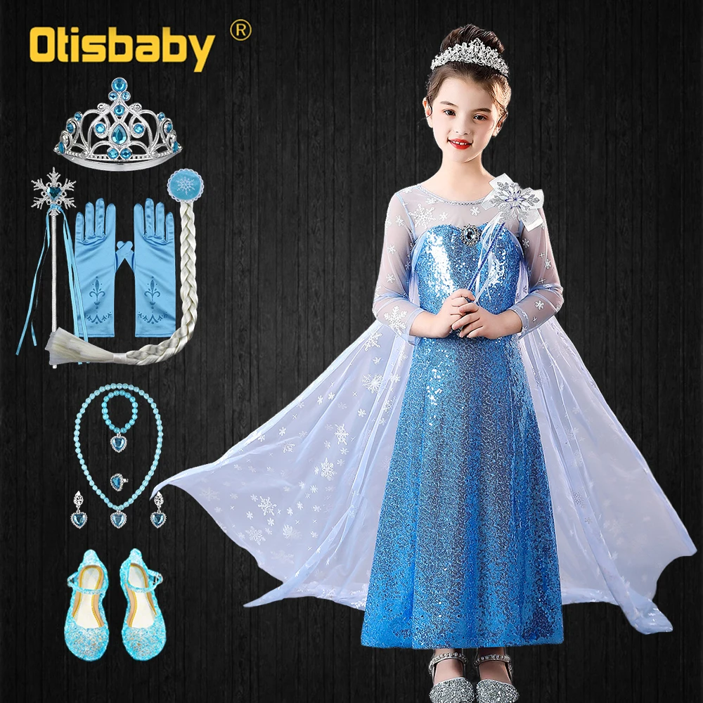 

Рождественское платье для девочек, платье Эльзы, ярко-синие платья с блестками для девочек, сказочные платья в виде снежинок, платье принцессы Снежной королевы с длинным хвостом