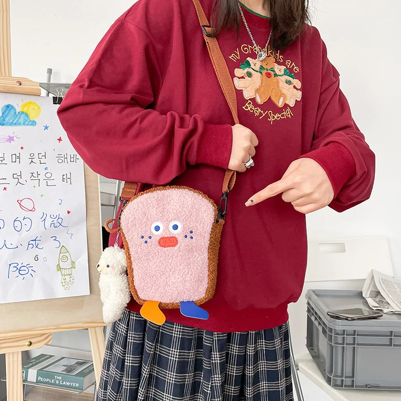 

Women Toast bread mobile phone bag Japanese cute girl heart plush shoulder bag Korean version funny and convenient coin purse