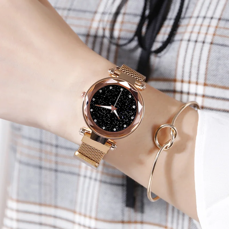 

Luxury Women Watch Fashion Elegant Magnet Buckle Vibrato Purple Ladies Wristwatch Starry Sky Roman Numeral Gift Clock