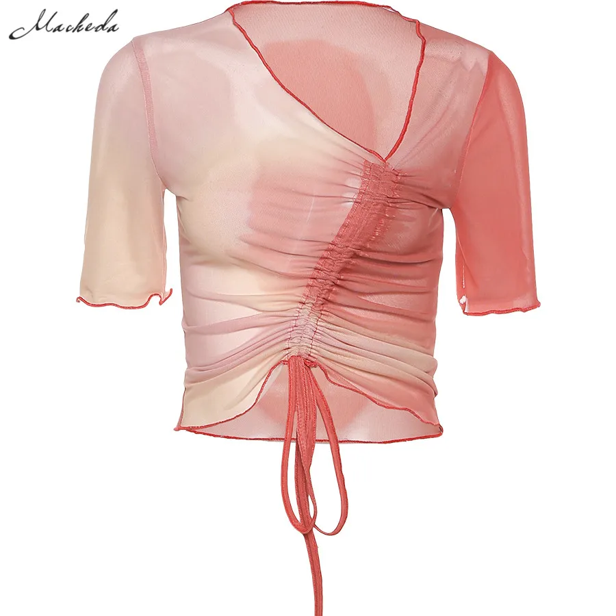 

Spring Fashion Mesh Slim T Shirt Women Drawstring design V Neck Short Sleeve Clothing Street Lady Red Short Top 2021 New
