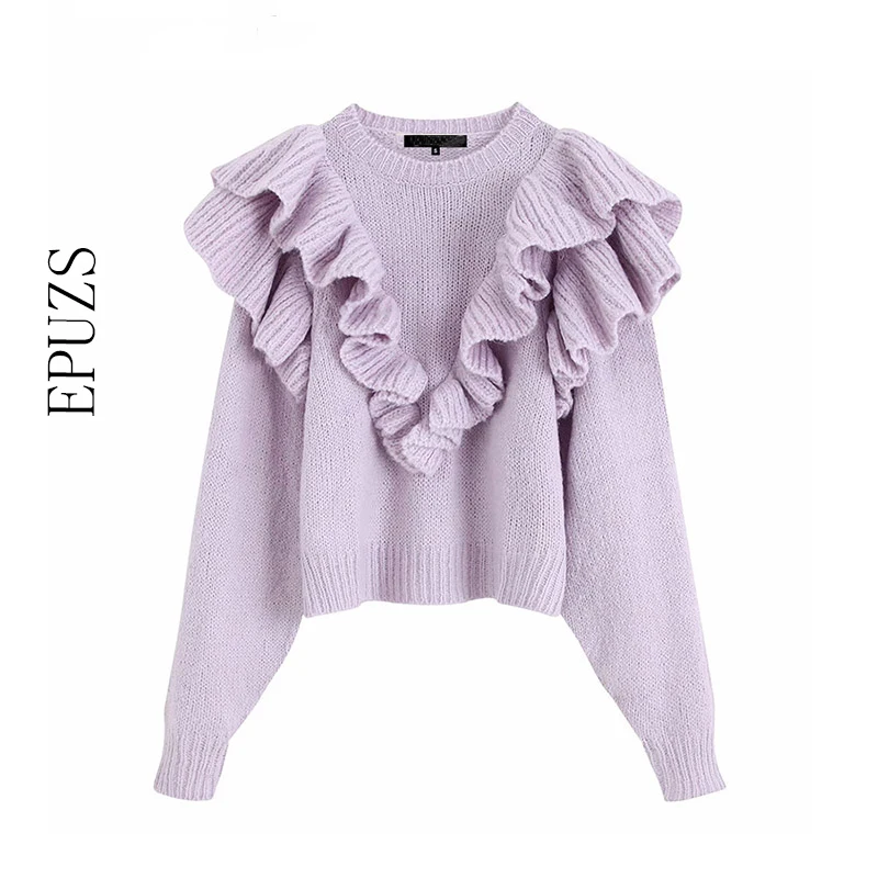 Spring winter purple Ruffles Knitted Sweater Women Pullovers casual O Neck Long Sleeve Chic korean sweater sweet Puff Femme 2019 | Женская