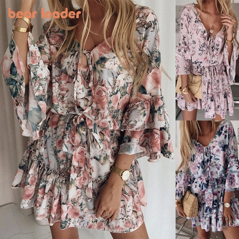 

Bear Leader Ladies Mom Deep V-neck Dresses 2021 New Summer Fashion Chiffon Casual Costumes Women Ruffles Floral Beach Clothes
