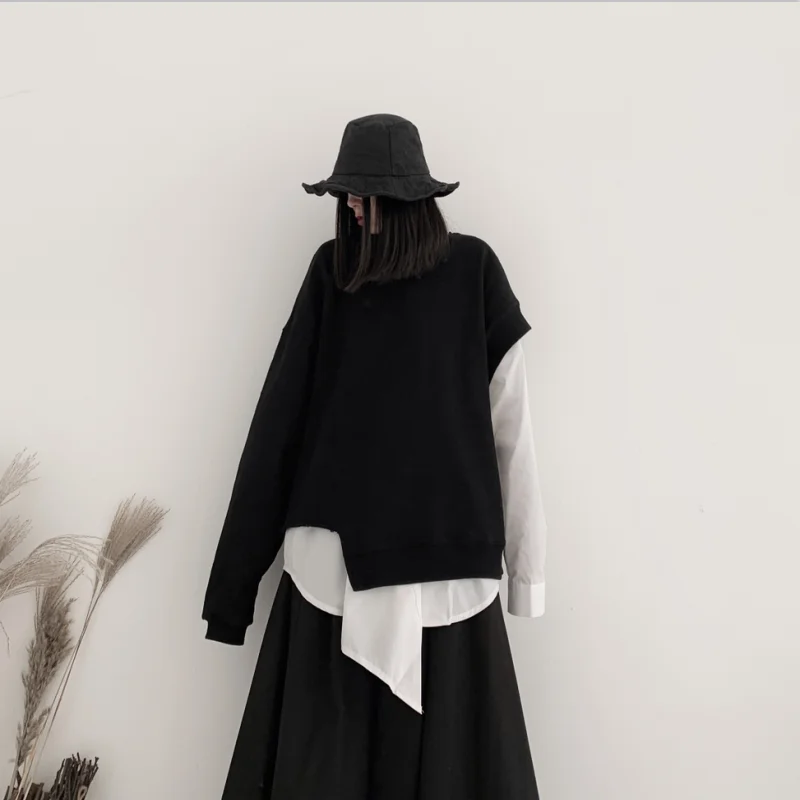 Women's Long Sleeve Hoodie Autumn New Color Round Collar Loose Single Sleeve Irregular Asymmetric Design Pullover
