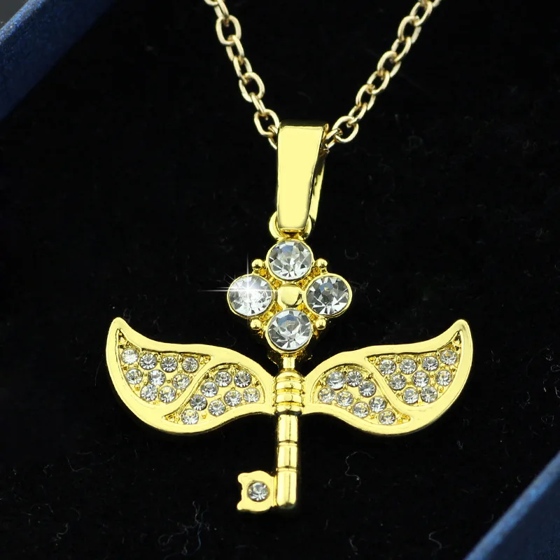

Movie Jewelry Classic Golden Color Flying Wings Necklaces Women Gifts Full Crystal Masic Key Pendant Necklace