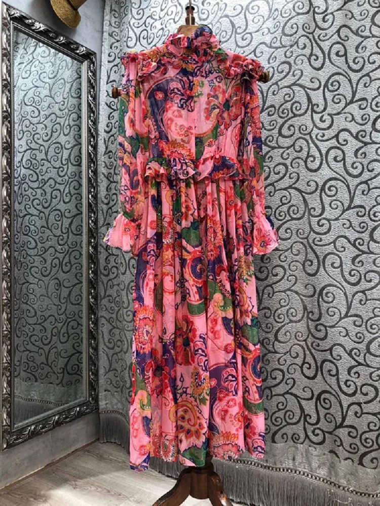 

Pink Long Dress 2021 Spring Summer Fashion Style Women Bohemian Print Ruffle Deco Long Sleeve Casual Beach Maxi Dress Long Club