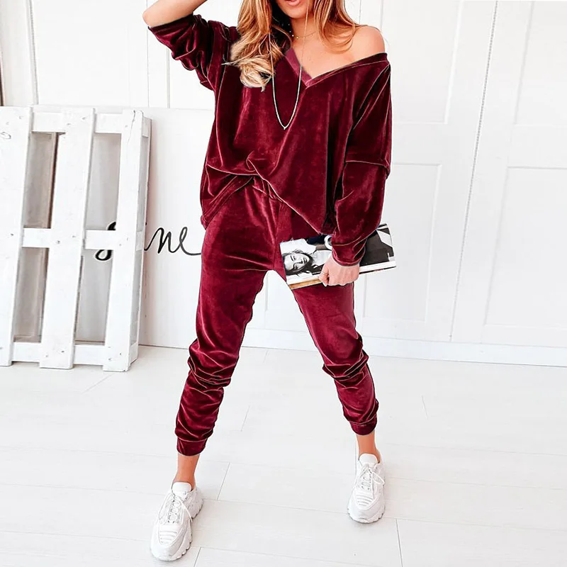 Брюки женские бархатные с V-образным вырезом и длинным рукавом комплект из 2