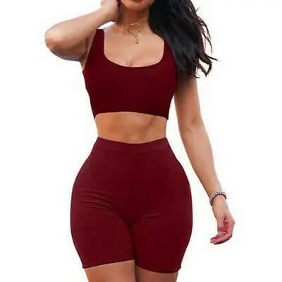 

Sexy Women Solid Two Piece Sheath Set Sleeveless Crop Top High Waist Shorts Female Fashion Summer Casual Bodycon Fitness Outfit