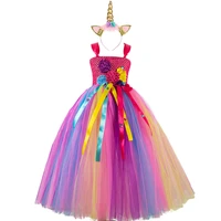 girls pastel unicorn flower tutu dress kids crochet tulle strap dress ball gown with daisy ribbons children party costume dress