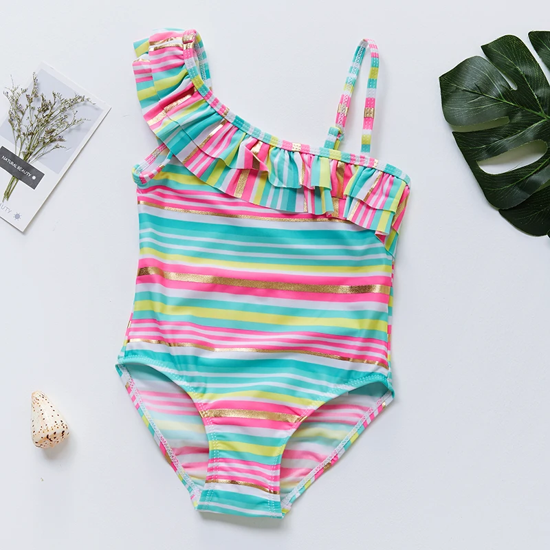 Милый розовый купальник с открытыми плечами для девочек новинка 2020 года