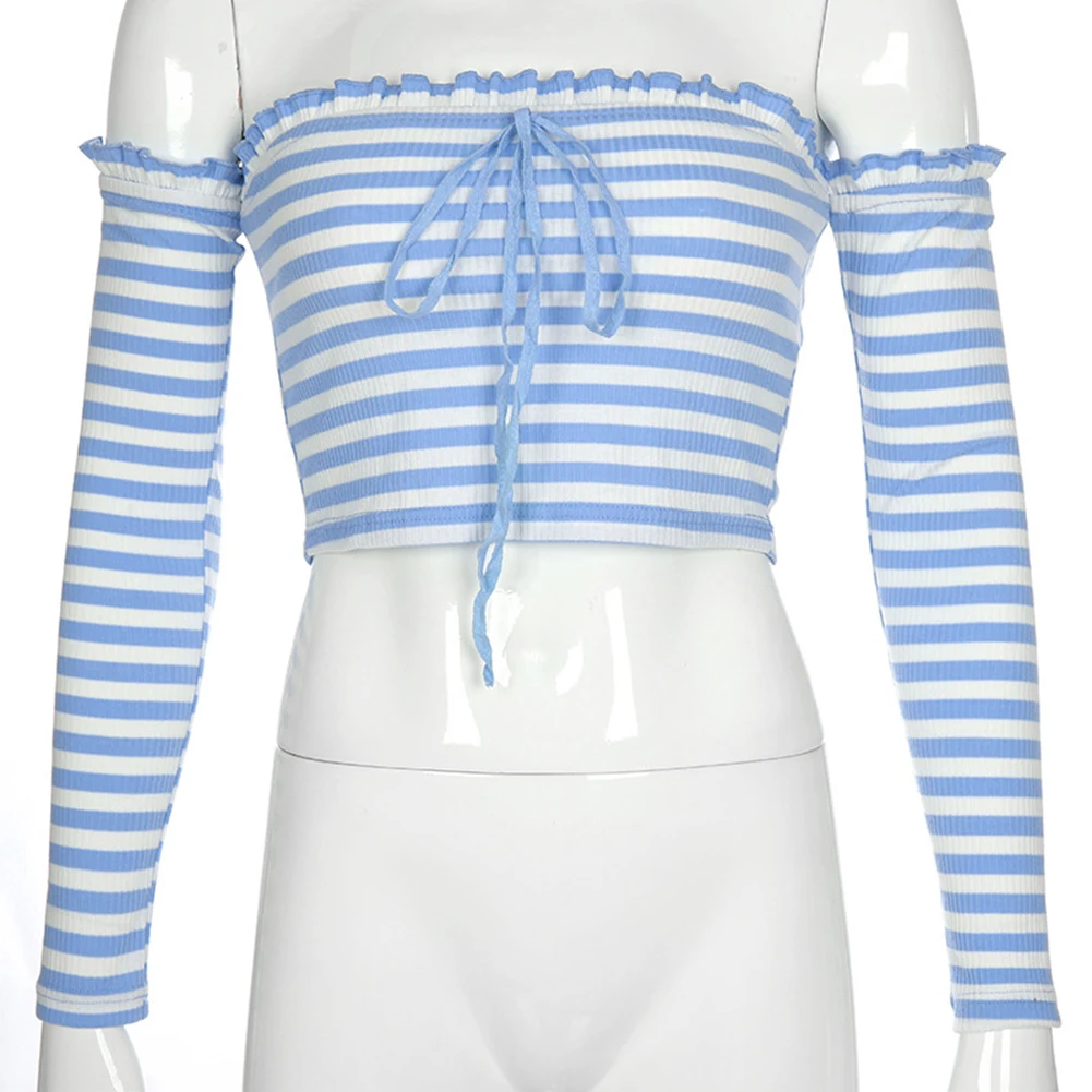 Woman Sexy Stripe Cropped T-Shirt Off Shoulder Long Sleeve Ribbed Crop Tops with Bowknot Fashion Blue and White Striped T-shirt | Женская