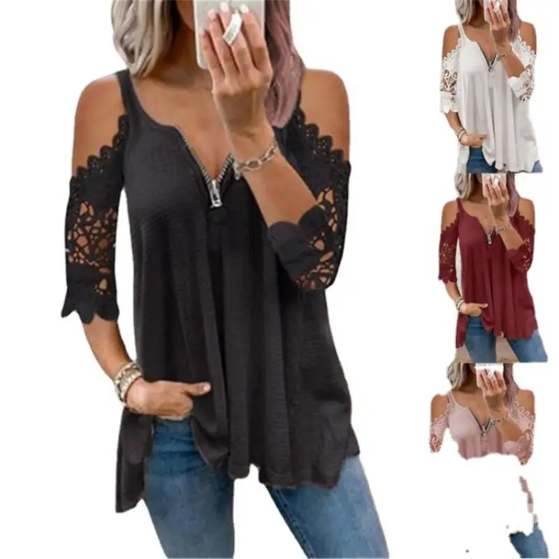 

Summer New Plus Size Women Half Sleeve Blouses Fashion V-Neck Sling Zipper Hollow Lace Sleeves Casual Knitted Vest Women'S Top