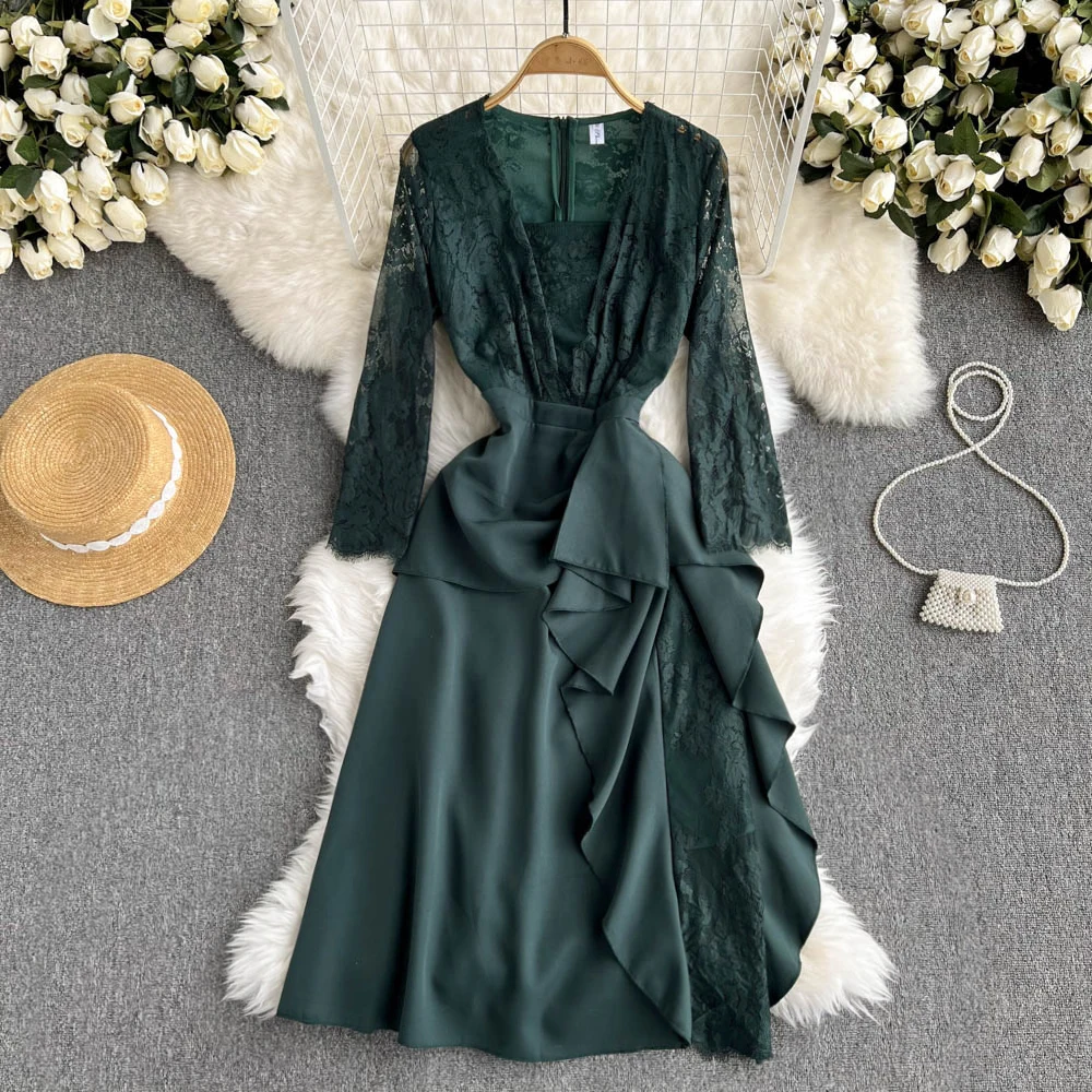 

C169 Women New Fashion Autumn Square Neck Lace Stitched Ruffle High Waist Slim Elegant A-line Dress Long Sleeve Vintage Vestidos