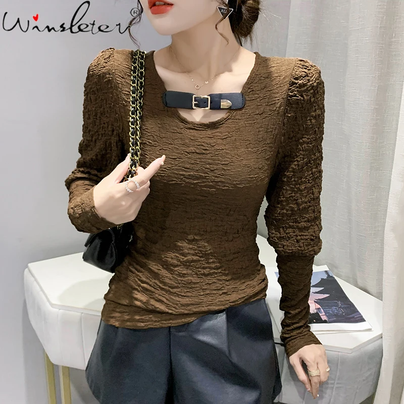 

MadBlack Fall Winter European Style Cotton T-Shirt Chic Sexy O-Neck Knurling Women Puff Sleeve Tops Bottoming Shirt Tees T10419A