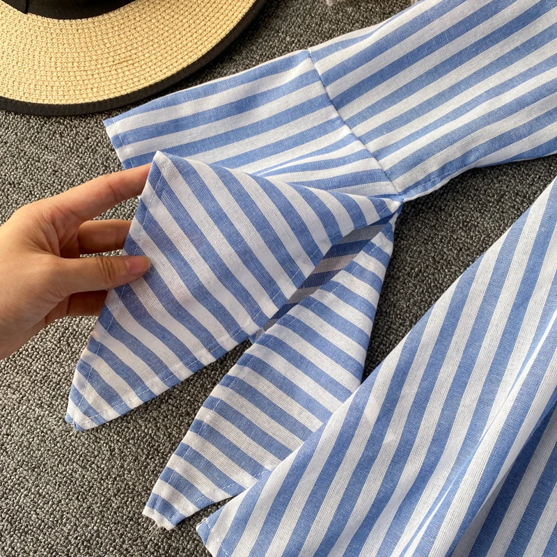 

KUSAHIKI Korean Stripe Women Blouse Causal Off Shoulder Sexy Strapless Tops Irregular Flare Sleeve Blusas Shirt 2021 New 6G552