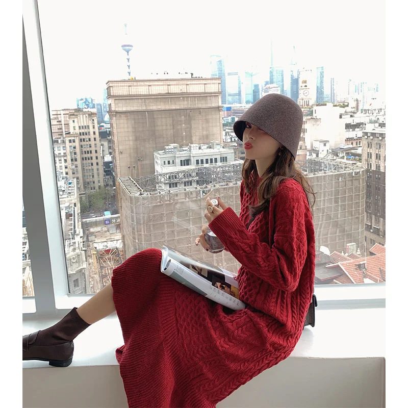 : Для зимний женский свитер платья милые однотонные свободные с круглым вырезом