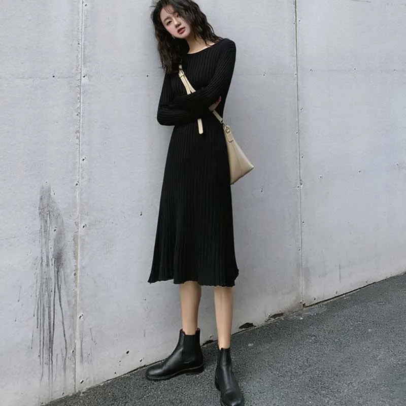 

Korean For Female Sweater Dress 2020 New Autumn Winter Slim Round Neck Waist Long Sleeve Dress Women Knitting Dresses One-Piece