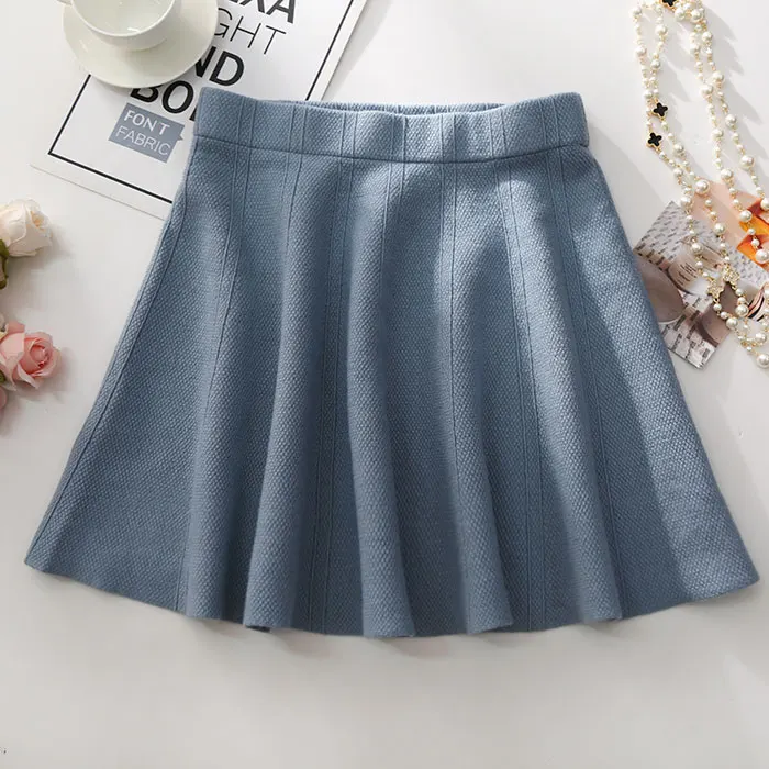 Синий TIGENA Warm Knitted Skirts Womens Autumn Winter Elastic High Waist Pleated Mini Skirt Female Black Khaki Gray Skirt Girls - Цвет: Синий