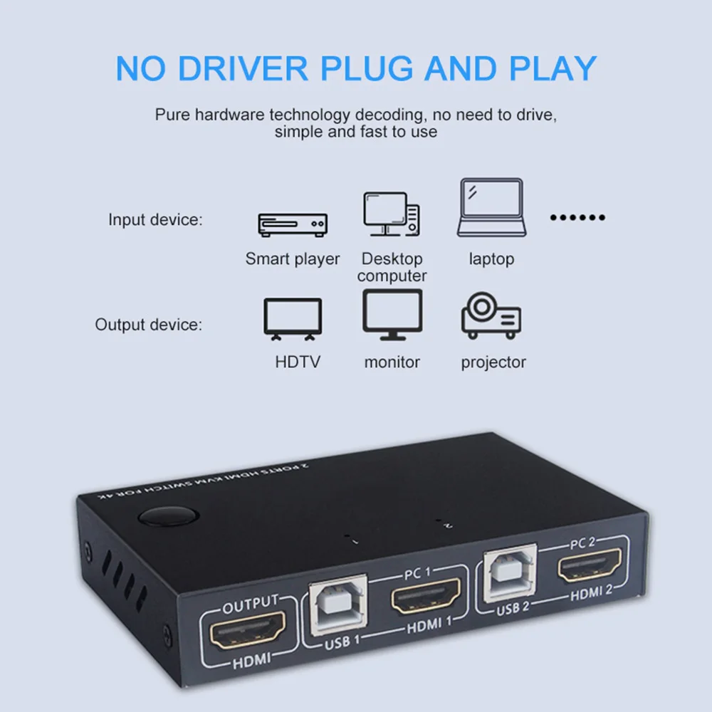 

KVM Switcher Splitter For Remote Wake-Up For Keyboard Mouse 2021 4K HDMI-Compatible KVM Switch 2 In 1 Out USB HDMI-Compatible