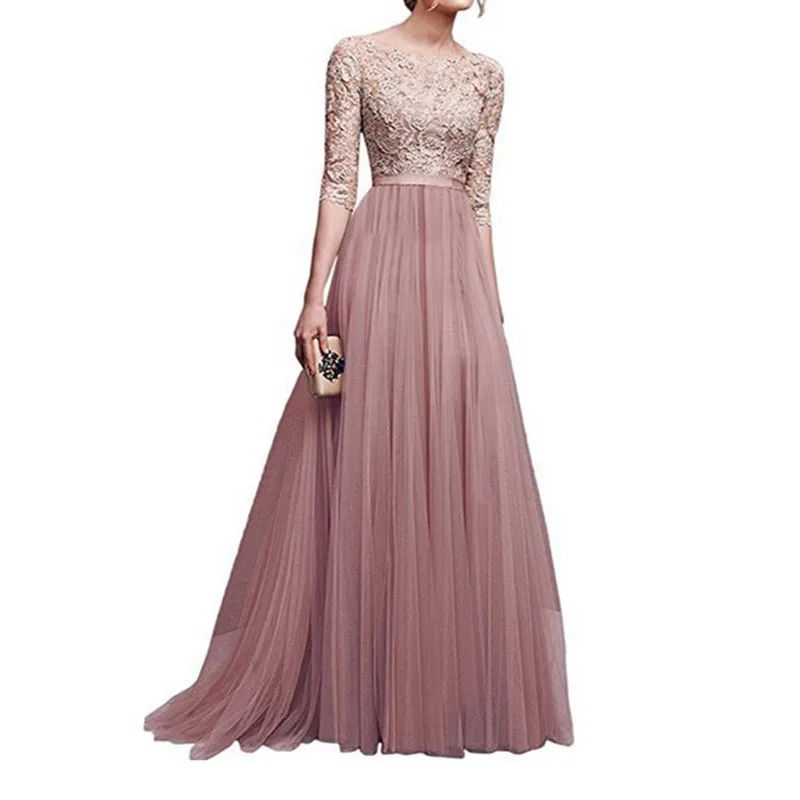 Женское длинное платье с рукавом до локтя розовое элегантное Кружевное Вечернее