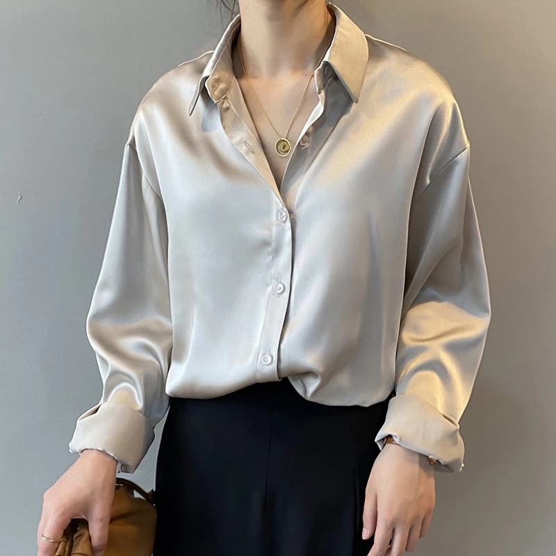 

Autumn Fashion Button Satin Silk Shirt Retro Blouse Female White Lady Long-sleeved Female Loose Street Shirt