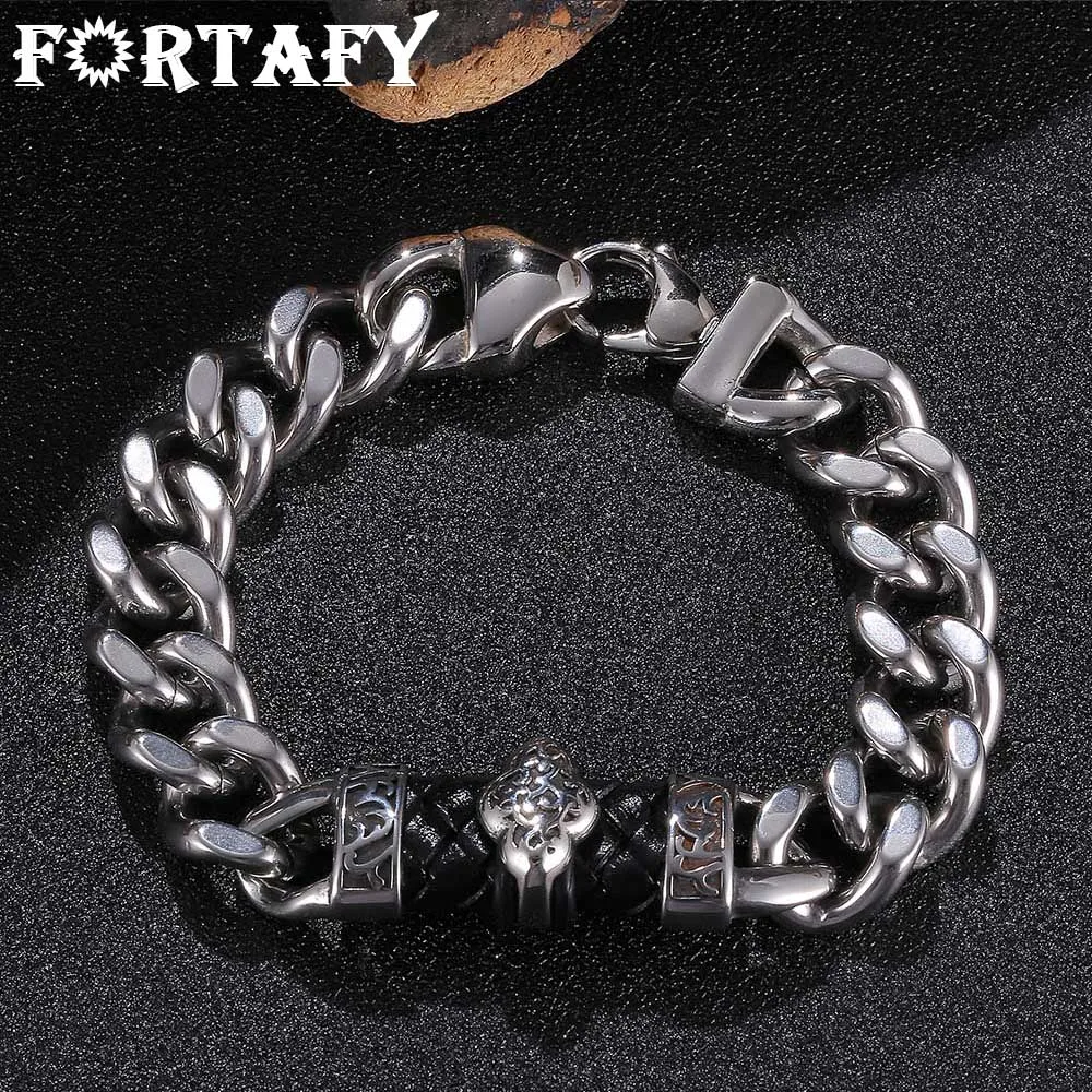 

FORTAFY New Trendy 12mm Wide Stainless Steel Curb Cuban Link Chain Bracelet for Men Braided Leather Bangle Punk Jewelry FRGS0130