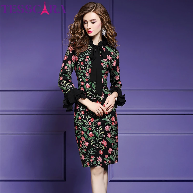 Женское осеннее элегантное платье TESSCARA с цветочным принтом женские винтажные