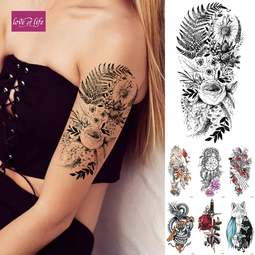 

Rose Lace Flowers Temporary Tattoo Sticker Flash Waterproof Tattoos Snake Dragon Body Art Arm Fake Tatoo Women Men