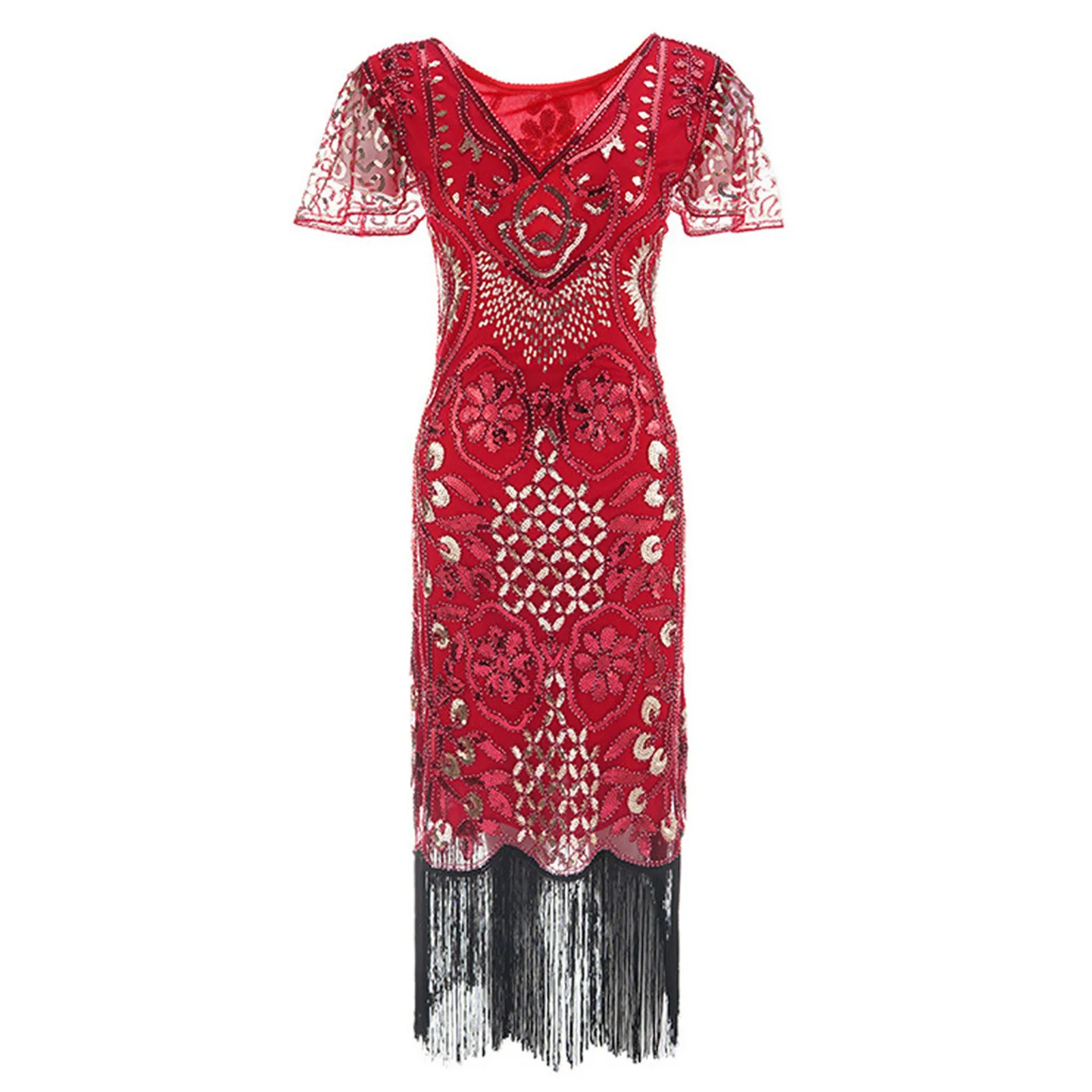 Женское винтажное коктейльное платье с кисточками облегающее миди V-образным