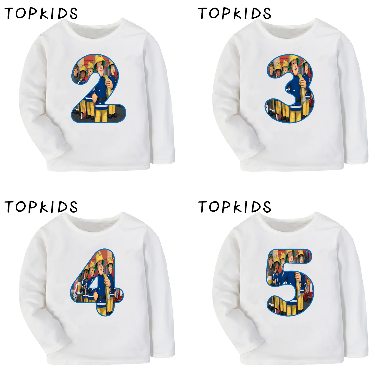 2019 Boys Girls Happy Birthday Fireman Sam Number 1-9 Print T shirt Kids Long Sleeve T-shirt Baby Funny Present Clothes LKP2458 | Детская