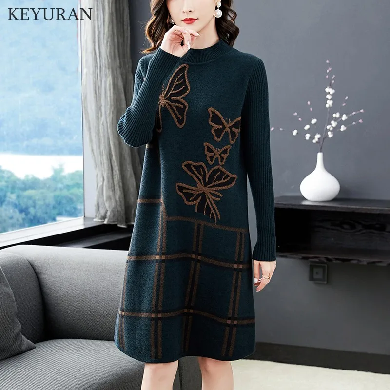 

M-4XL Oversize Women Sweater Dress 2021 Autumn Winter Half Turtleneck Plaid Butterfly Jacquard Pullover Knitted Dress Oversize