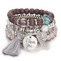 4pcs set new fashion womens mens bracelet multi layer crystal lava stone bead wing tassel bracelet beaded bracelet gift2021