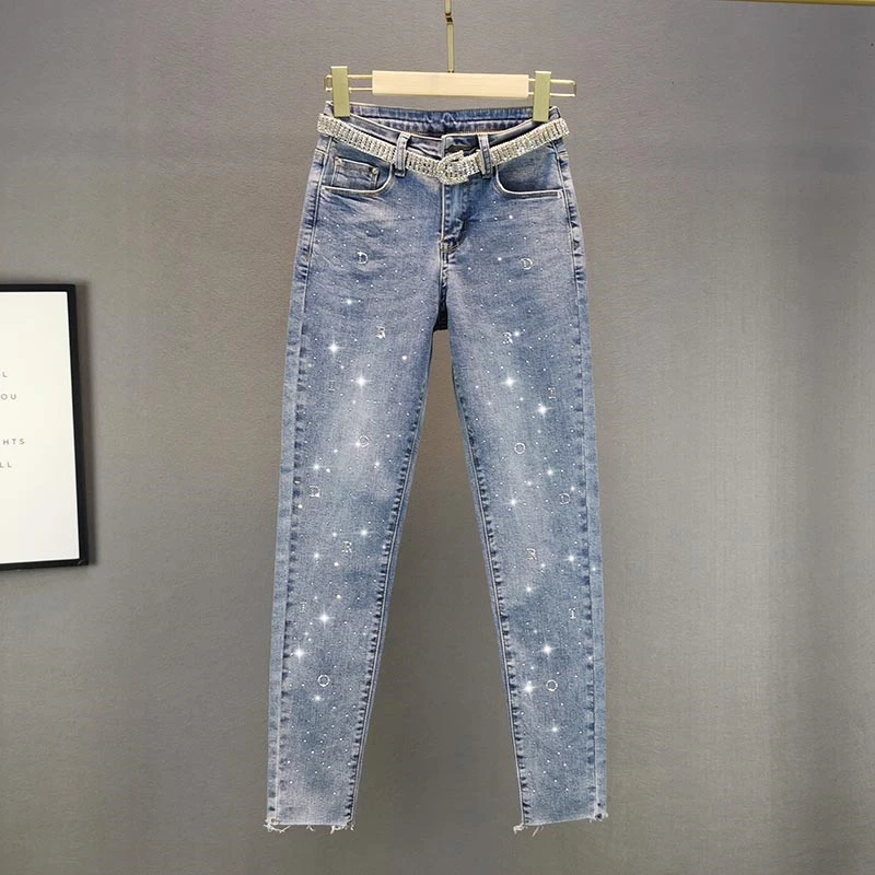 

2021 Весенняя Новинка Высокая талия Slim Fit с джинсами узкого кроя женский светильник синие джинсы с эластичной резинкой на бразгами краски для ...