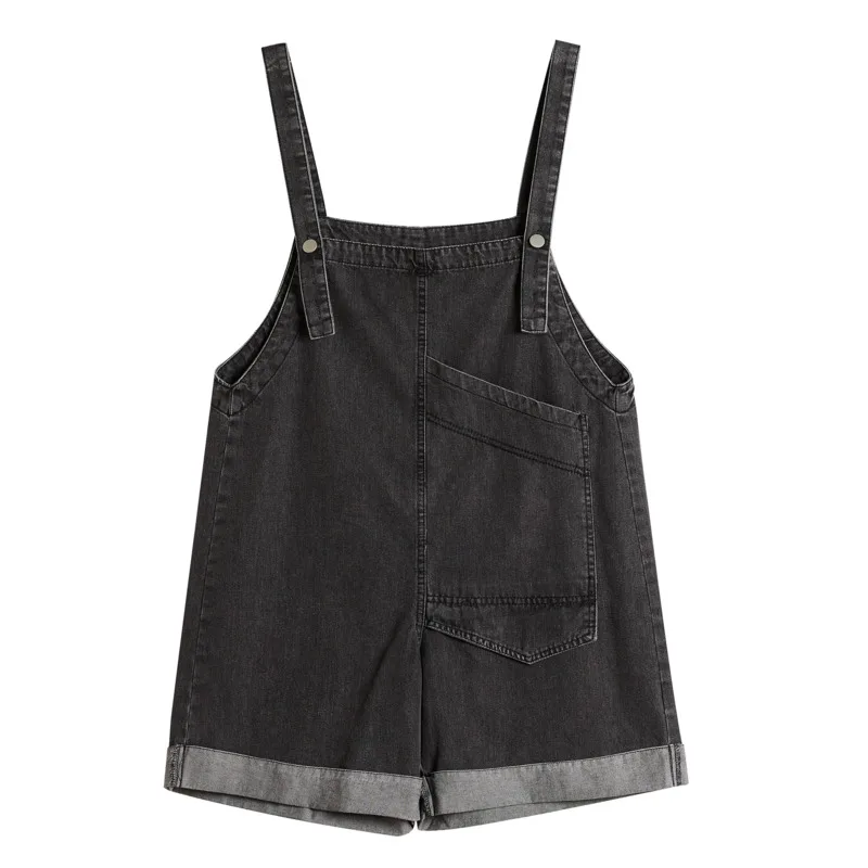 #1526 Black Denim Cotton Overalls Women Loose Big Size Sleeveless Denim Playsuits And Jumpsuits Summer Playsuits Ladies Pockets