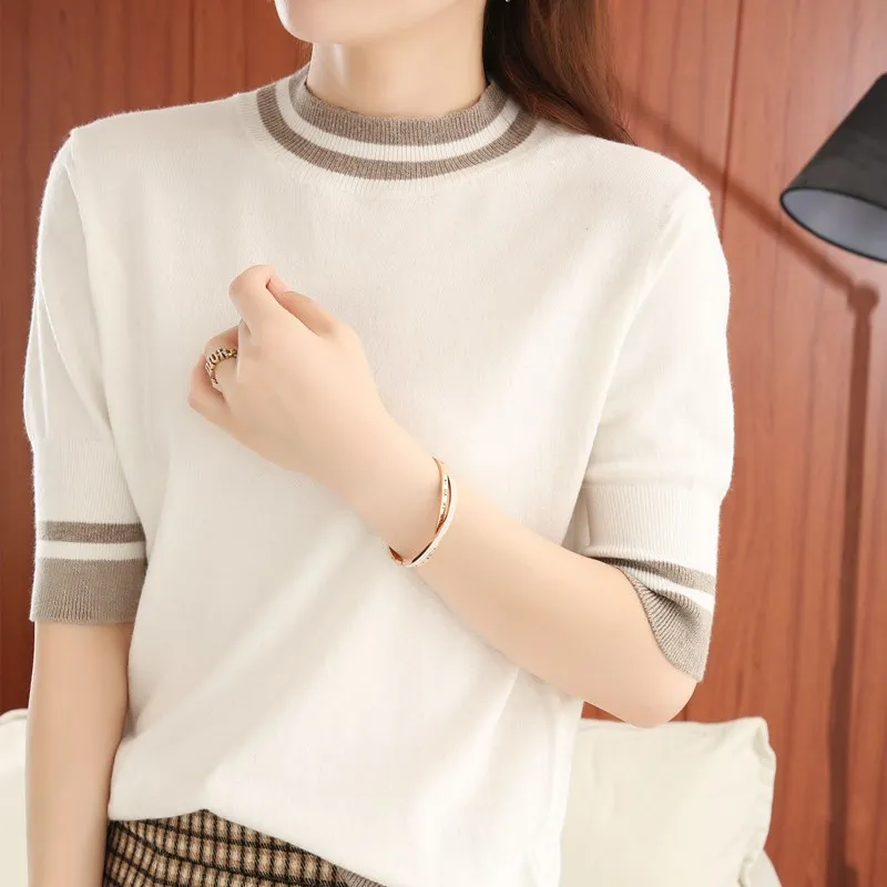 

Spring Summer New Women five-point sleeve Half High Collar Pullover Fashion Wool Vest Loose Casual short-sleeved sweater hot top