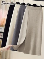 surmiitro 2021 autumn winter thick warm knit side slit midi long skirt women korean style black high waist a line skirt female