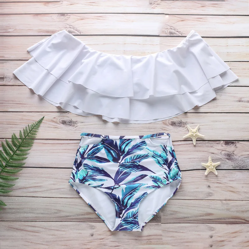 

Women's two piece swimsuit high waist off shoulder Ruffle bikini suit with ruffles sexy one shoulder split swimsuit