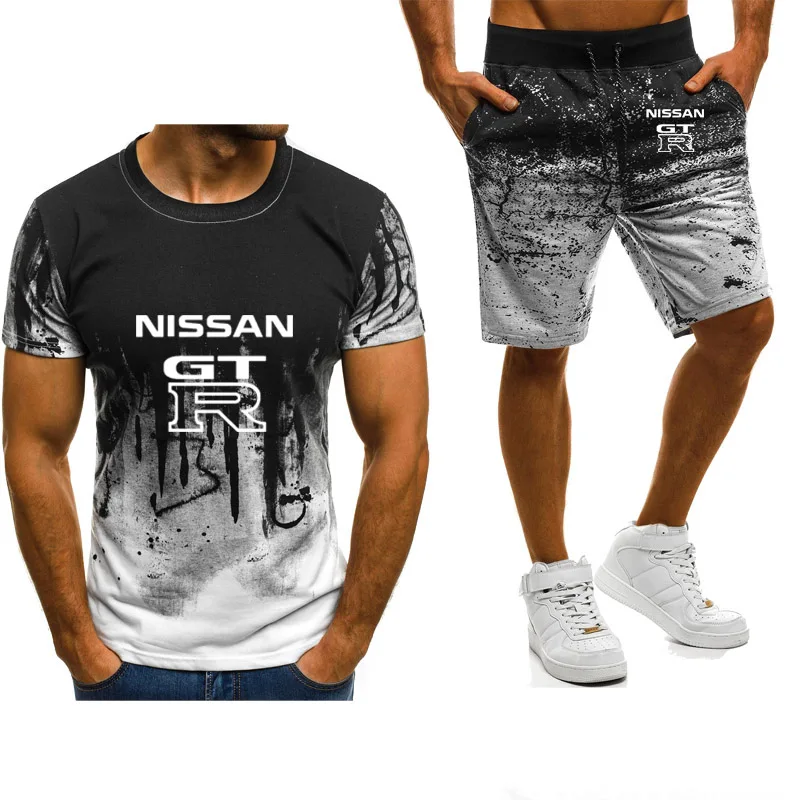 

Summer Fashion Men's T-Shirts GTR Car Logo Printing Casual Gradient Short Sleeve Cotton Mens T-Shirt+shortssuit 2Pcs suit