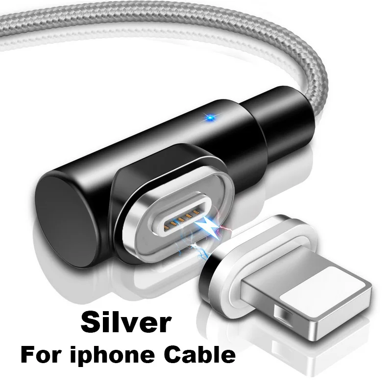 Магнитный usb кабель для зарядки 90 градусов 3 а быстрый для iphone 8 pin/Micro USB/type C быстрое зарядное устройство для samsung Android Phone шнур для передачи данных - Цвет: Silver For iphone