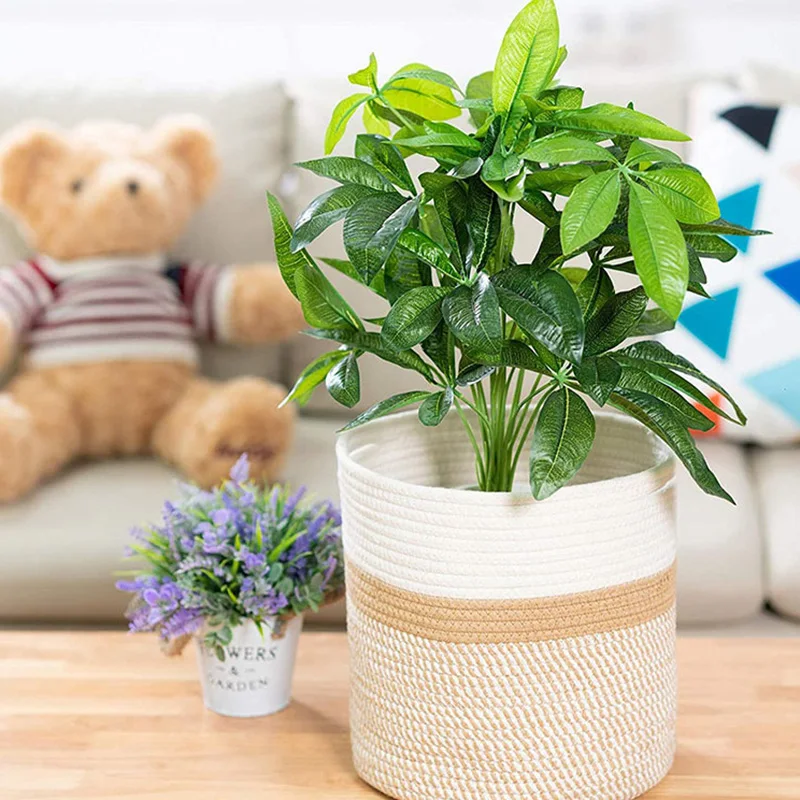 

Cotton Rope Woven Storage Basket Organizer Floor Type Flowerpot Circular Home Decoration Color Matching Dirty Clothes Basket Bag
