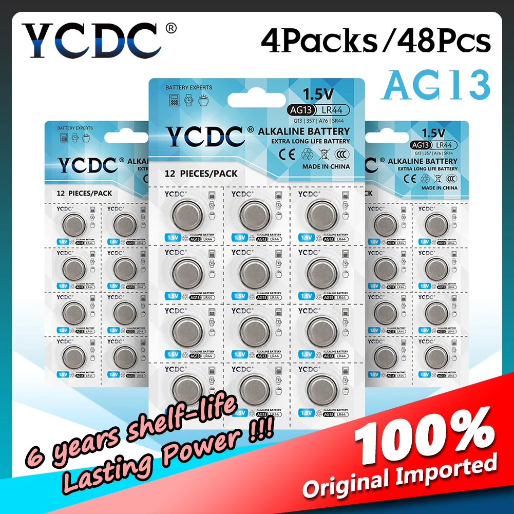Батарейки таблетки AG13 YCDC 48 шт./4 карты 1 5 в LR44 L1154 RW82 RW42 SR1154 SP76 A76 357A|Часовые
