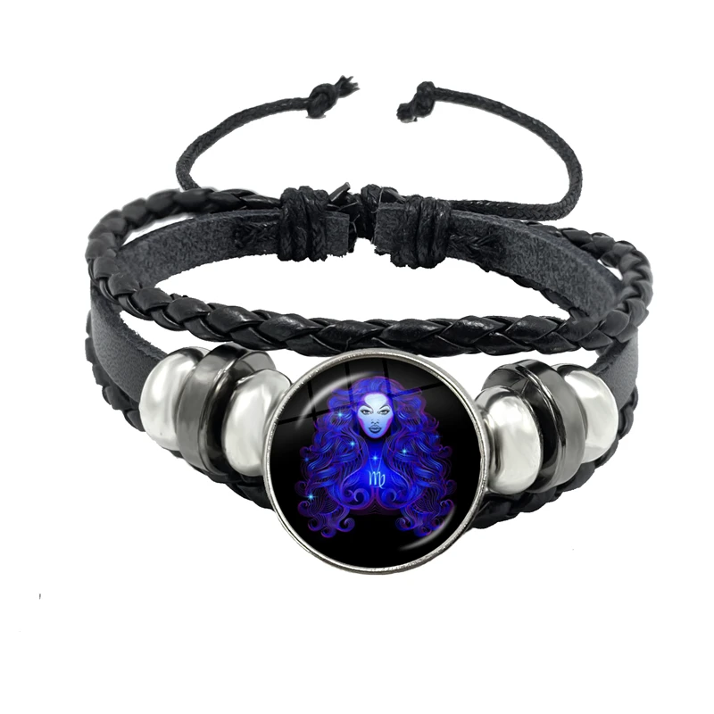 12 Constellations Bracelet Personality Rope Black Button Leather Glass Male Female Fashion Accessories Gift | Украшения и