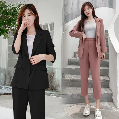 Корейские женские костюмы s блейзер и брюки двубортный пиджак комплект для
