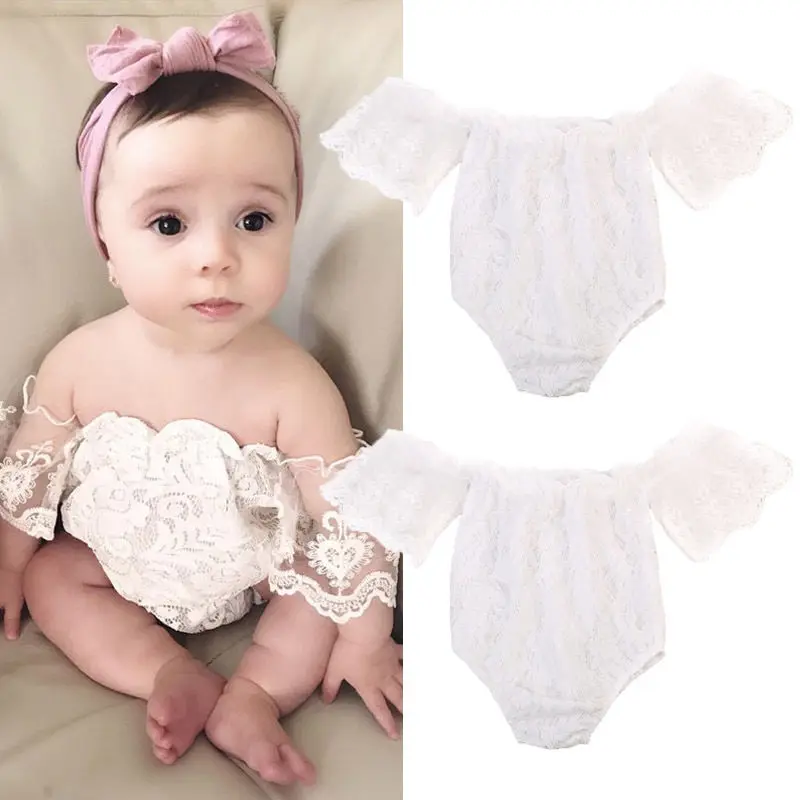 

2021 New Baby Girl Fashion White Lace Bodysuit Jumpsuits 0-12M Newborn Infant Summer Casual Off Shoulder Romper Sunsuit Outfits