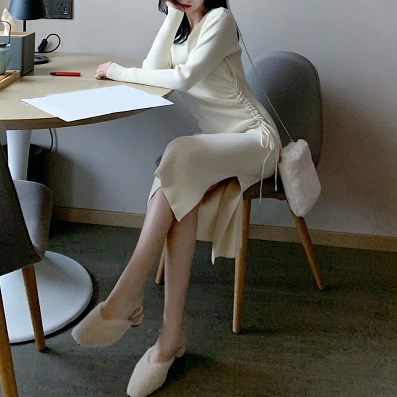 RICININA Long Dress With Sleeves V-Neck Split Knitted Sweater Spring Casual Elegant Sexy Women 2020 Ladies Dresses | Женская одежда