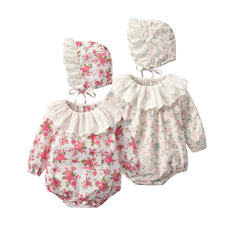 

Комбинезоны для девочек с цветочным принтом, Осенние комбинезоны с длинным рукавом и рюшами на воротнике, Одежда для новорожденных на весну...