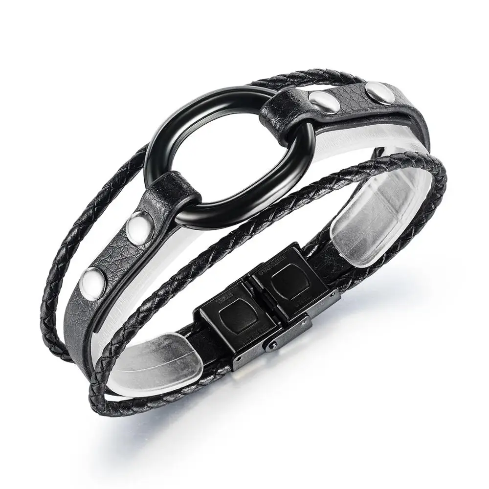 

Classic Round Men Leather Charms Stainless Steel Punk Multilayer Braided Bracelets Male Jewelry Gift